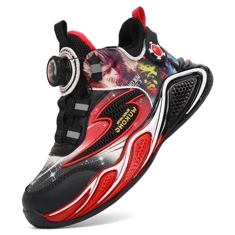 Venta al por mayor de zapatos de baloncesto de alta calidad para niños con dibujos animados, zapatillas de baloncesto de invierno con cojín para niños, zapatos