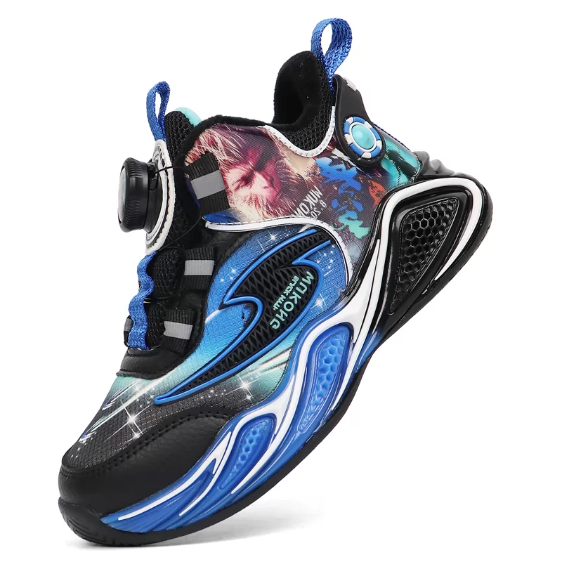 Venta al por mayor de zapatos de baloncesto de alta calidad para niños con dibujos animados, zapatillas de baloncesto de invierno con cojín para niños, zapatos