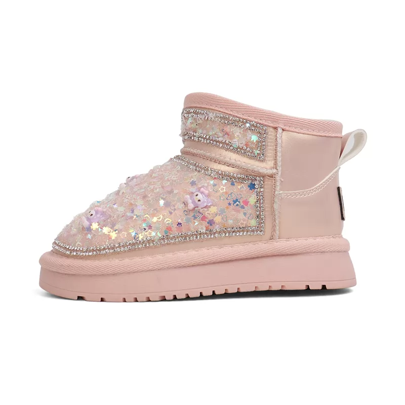 Botas de invierno para niños al por mayor de fábrica, botas de nieve antideslizantes de color rosa brillante para niñas, botas casuales cálidas para niños al aire libre